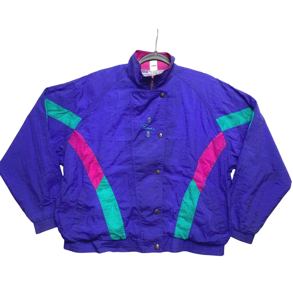 Puma Jacket Womens M Purple Colorblock Vintage 90s Windbreaker Snap Front